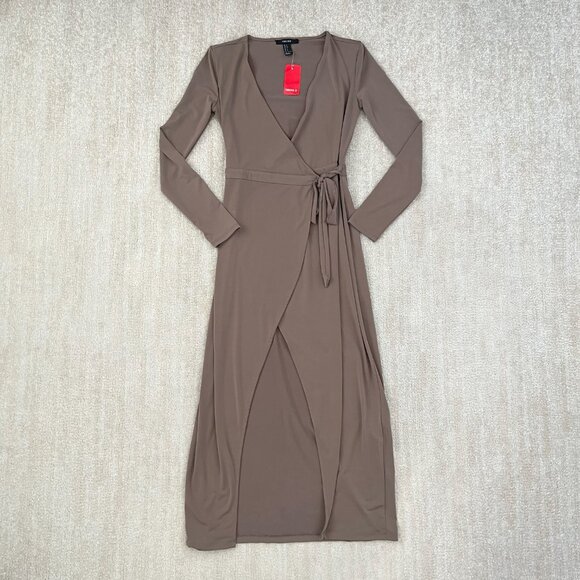 NWT Forever 21 Boho Summer Wrap Long Sleeve Dress S Taupe - Picture 1 of 11